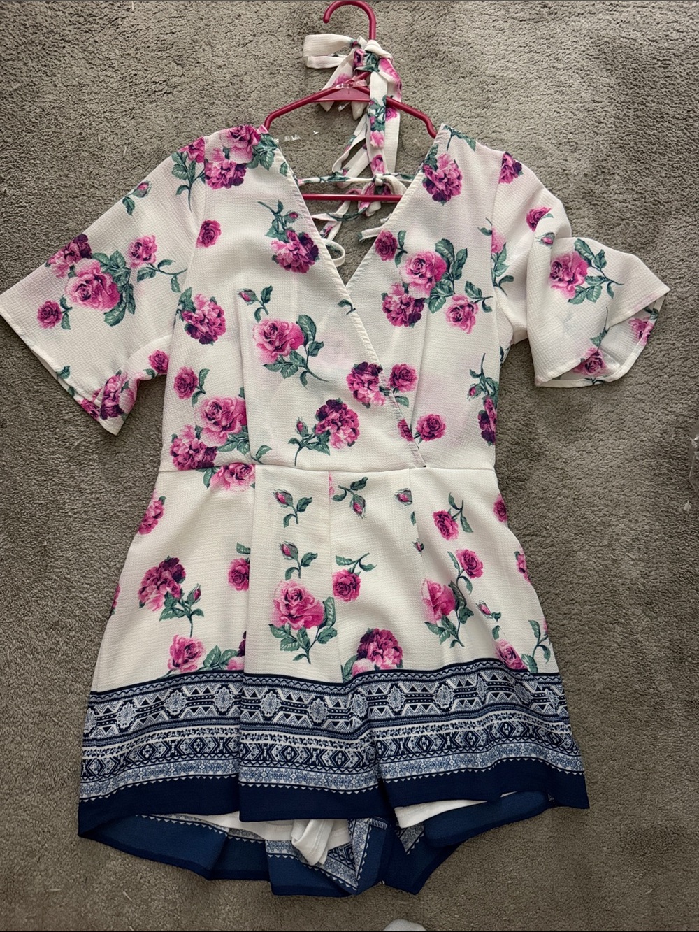 Trixxi White Floral Romper with Pink Roses & Navy Border